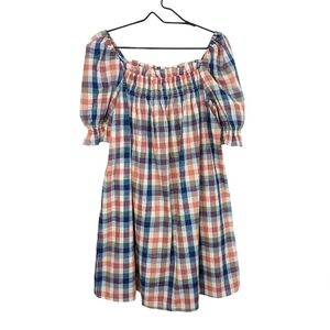 Modcloth Off Shoulder Plaid Summer Dress Red Blue Smocked Short Puff Sleeve M